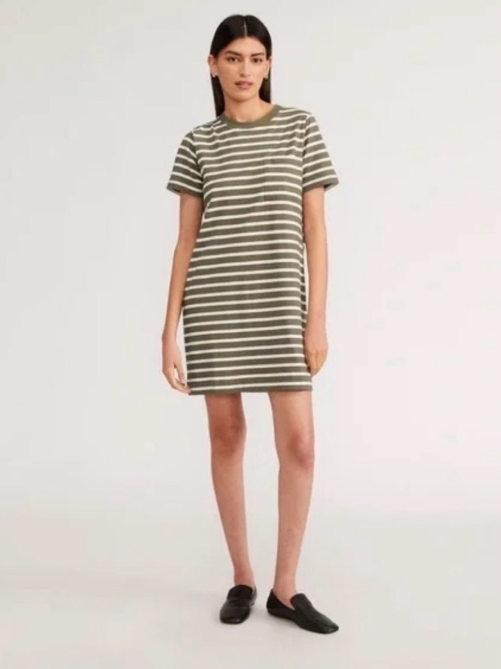 Everlane Organic Olive White Striped T-Shirt Dress